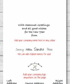 Holiday card with seasonal greetings, company name, and stylized names from Astva Imprints.