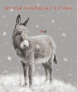Donkey in the snow with a robin on its back, personalized text