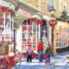 Festive snow-covered toy shop with Christmas decorations, children, and a dog
