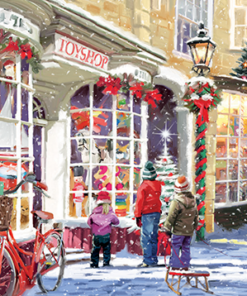 Festive snow-covered toy shop with Christmas decorations, children, and a dog