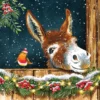 Christmas donkey and robin in snowy stable with festive decorations