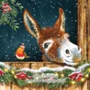 Christmas card: Donkey peeking over a snowy fence with a robin, text "Merry Christmas from all at Company Name