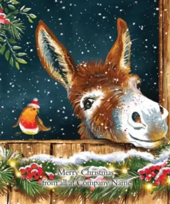 Christmas card: Donkey peeking over a snowy fence with a robin, text "Merry Christmas from all at Company Name