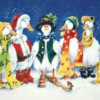 Five ducks in festive Christmas attire standing in the snow