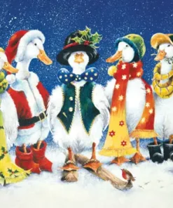 Five ducks in festive Christmas attire standing in the snow