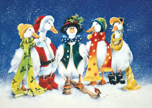 Five ducks in festive Christmas attire standing in the snow