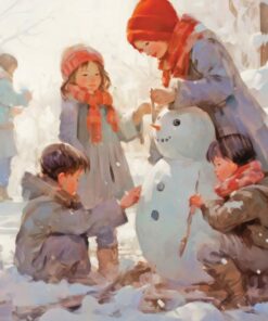 Children build a snowman in the snow during winter