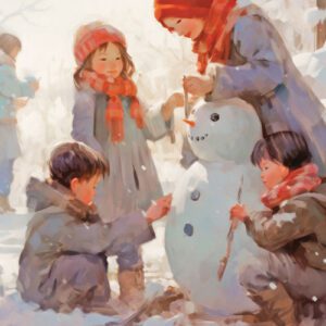 Children build a snowman in the snow during winter