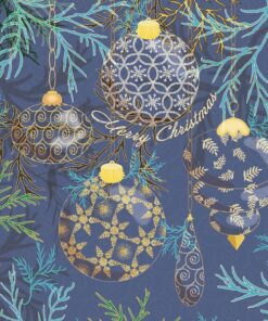 Blue and gold Christmas ornaments on a dark blue background with fir branches