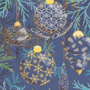 Blue and gold Christmas ornaments on a dark blue background with fir branches