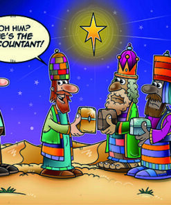 Three Wise Men present a gift to an accountant under the Star of Bethlehem.