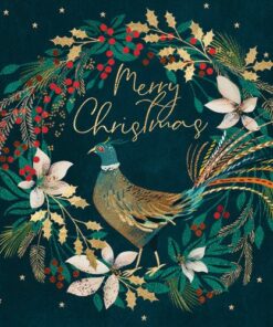Merry Christmas wreath with pheasant and poinsettias