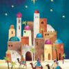 Three Wise Men on camels approach a Middle Eastern city under a starry sky