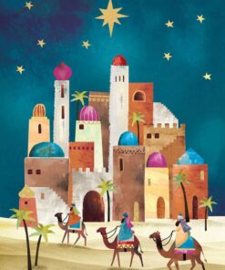 Three Wise Men on camels approach a Middle Eastern city under a starry sky