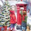 Children mailing Christmas cards in a snowy village by a decorated tree.