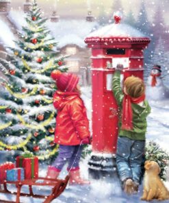 Children mailing Christmas cards in a snowy village by a decorated tree.