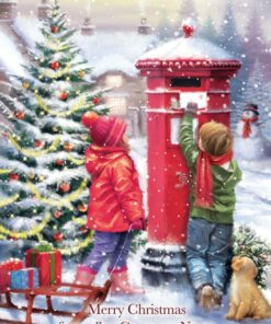 Children posting Christmas cards in a snowy village, with a decorated tree and sled.