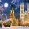 Snowy London at night: Big Ben, London Eye, Westminster Abbey, Christmas tree, red bus.