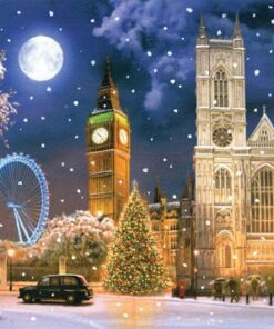 Snowy London at night: Big Ben, London Eye, Westminster Abbey, Christmas tree, red bus.