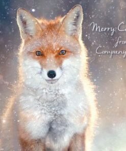 Red fox in falling snow with "Merry Christmas from Company Name" text.