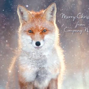 Red fox in falling snow with "Merry Christmas from Company Name" text.