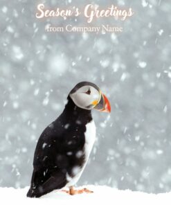 Puffin in snow with "Season's Greetings from Company Name" text