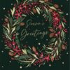 Christmas wreath with "Season's Greetings" text and gold dots