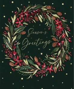 Christmas wreath with "Season's Greetings" text and gold dots
