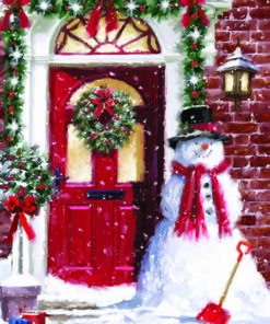 Festive Christmas snowman with red scarf and shovel by red door
