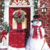 A festive snowman stands guard outside a decorated house.