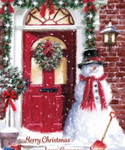 A festive snowman stands guard outside a decorated house.