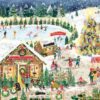Christmas village scene with ice skating, Christmas tree market, and festive stalls.