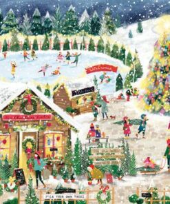 Christmas village scene with ice skating, Christmas tree market, and festive stalls.