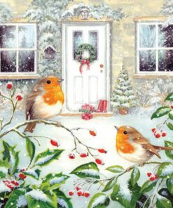 Two robins perched on a snowy branch outside a festive, snow-covered house with Christmas decorations.