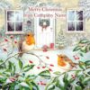 Merry Christmas from Company Name: Two robins on a snowy branch outside a festive home