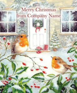 Merry Christmas from Company Name: Two robins on a snowy branch outside a festive home