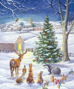 Christmas scene: animals gather around a decorated tree in a snowy village