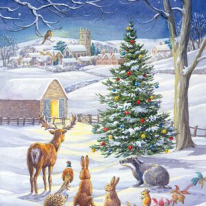 Christmas scene: animals gather around a decorated tree in a snowy village