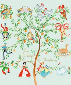Illustration of the 12 days of Christmas with dancers, animals, and gifts on a pear tree.