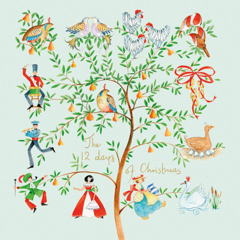Illustration of the 12 days of Christmas with dancers, animals, and gifts on a pear tree.
